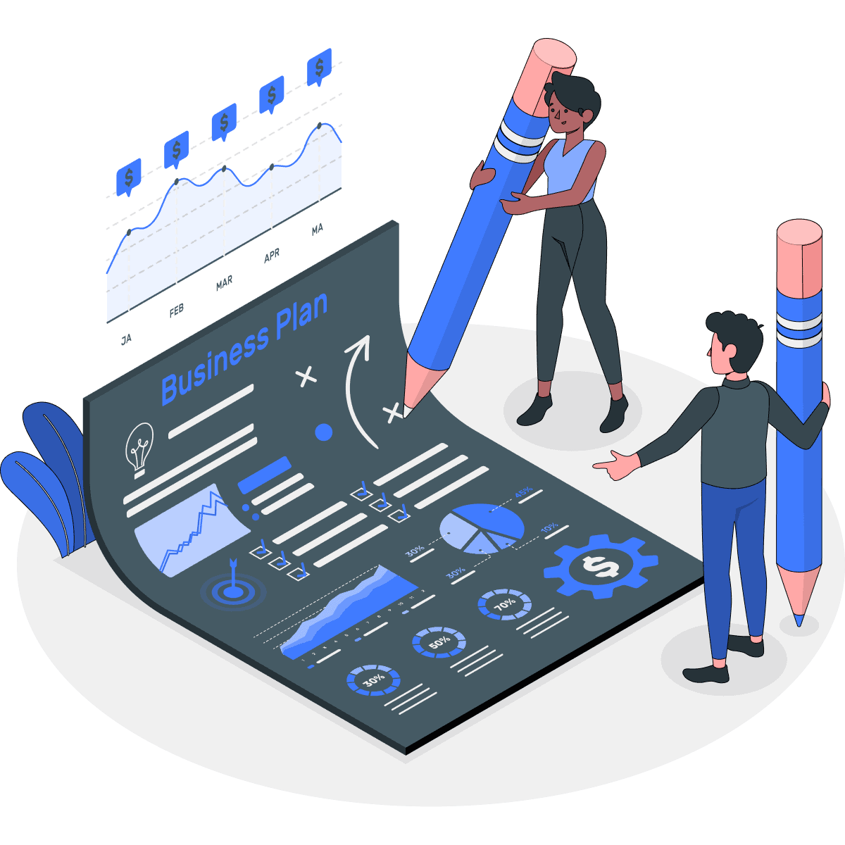 Ilustración de dos personas diseñando un plan de negocios